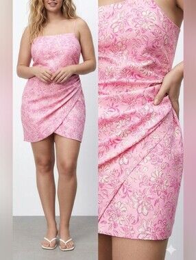 Zara Pink floral Jacquard Slip 100% Cotton Plus size Mini Graduation Party Dress